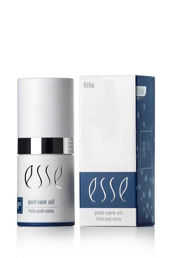 A bottle of Esse Post-care Oil with a silver cap is displayed beside its matching box, both featuring white and blue packaging with product details and the brand name "Esse" in silver lettering.